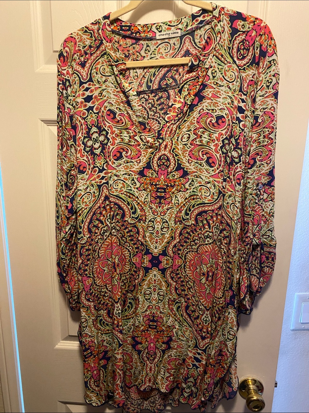 Chico's Multicolor Paisley V-Neck Tunic — Pink, Navy & Green